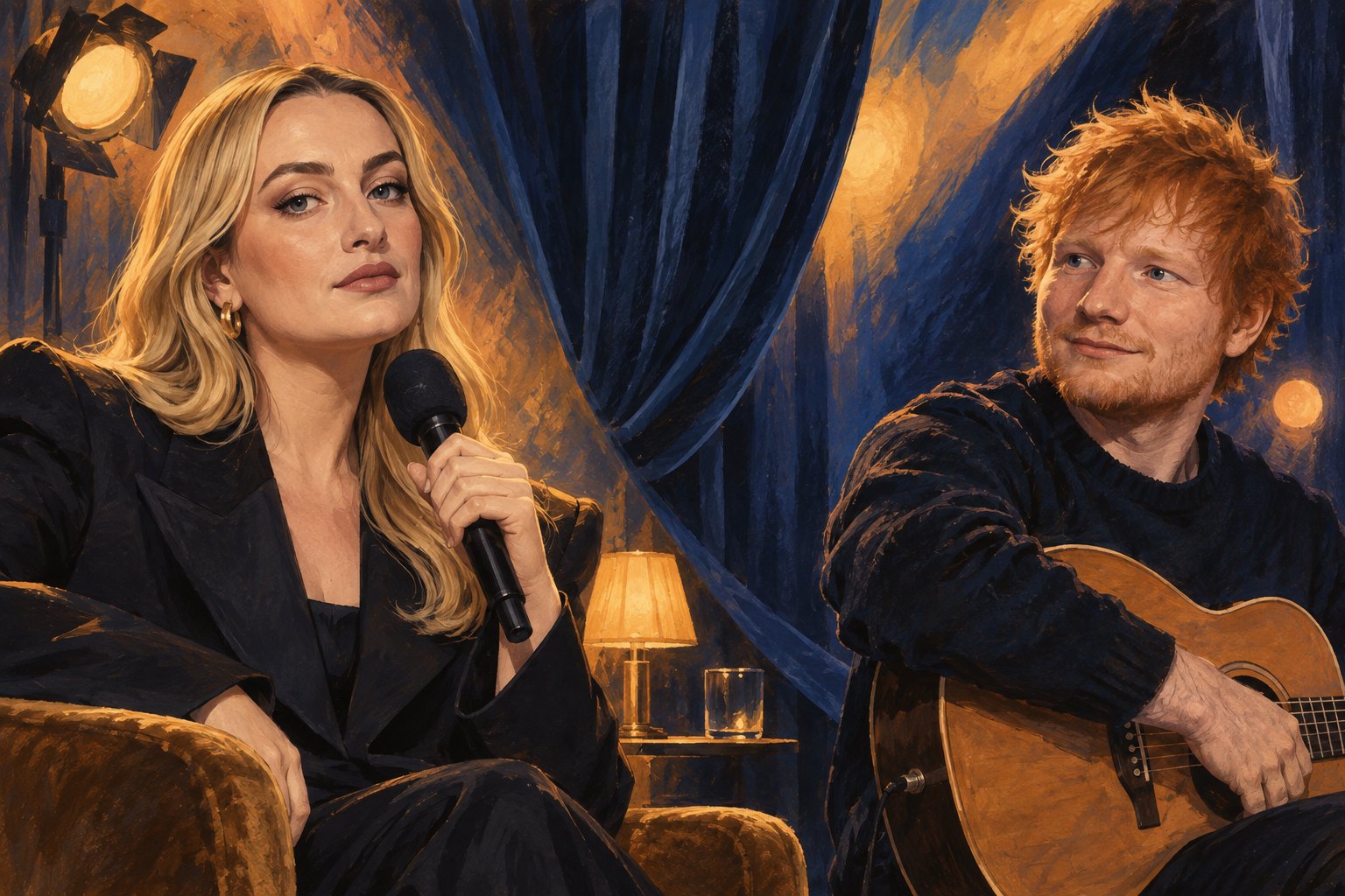 Conceptual painted portraits of Amelia Dimoldenberg holding a microphone and Ed Sheeran holding a guitar, separated by blue curtains.