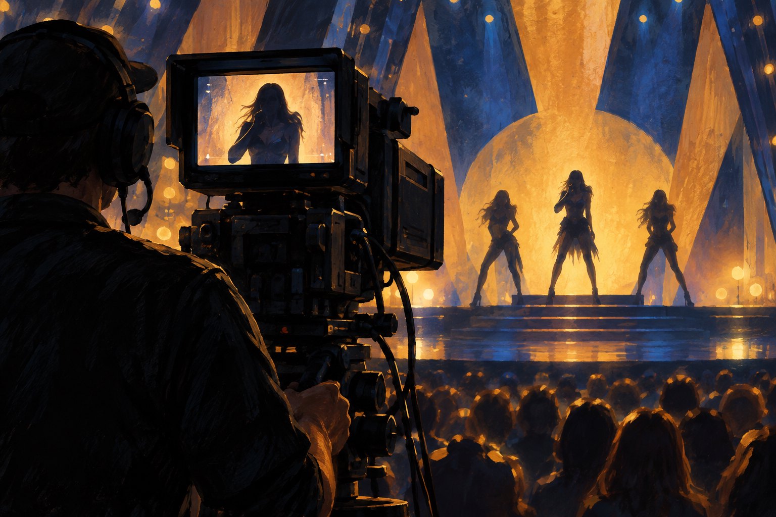 Conceptual illustration of a television camera operator framing three silhouetted performers on an amber-lit stage.