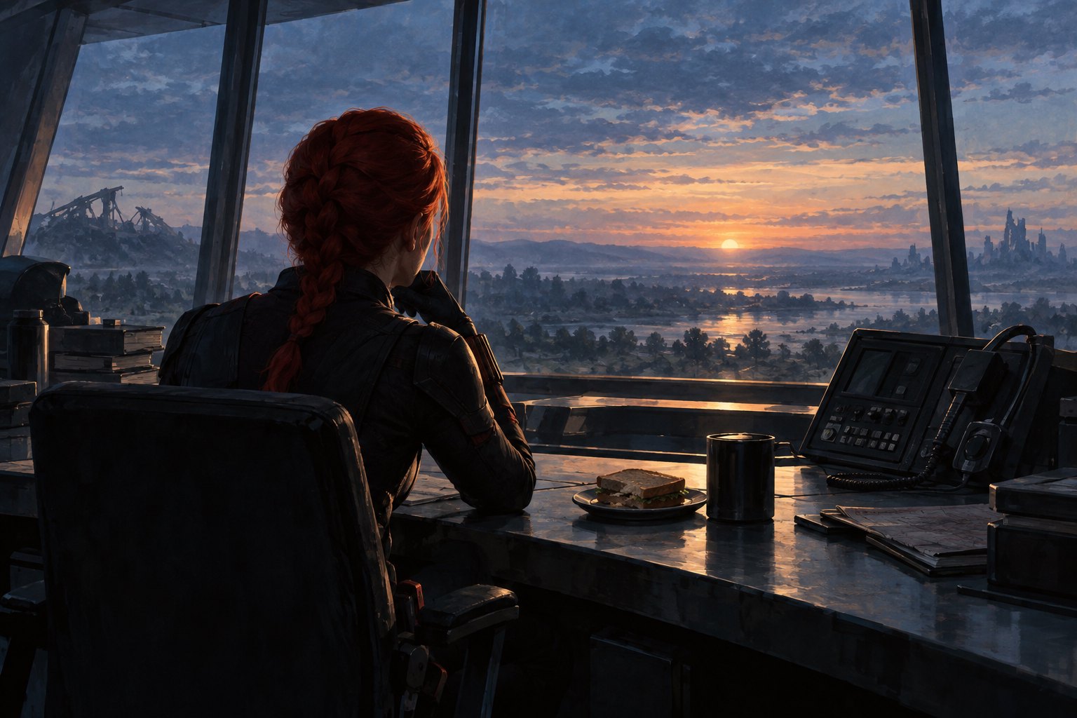 Painterly illustration of Natasha Romanoff seated at a command-room desk overlooking a damaged landscape at sunrise.