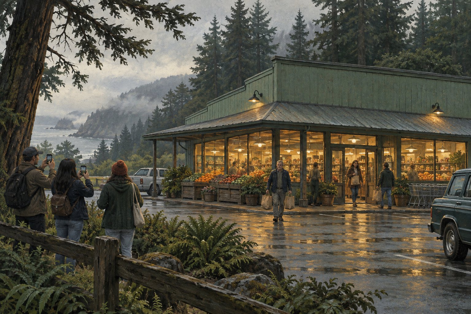 Conceptual illustration of visitors photographing an imagined Northern California grocery store surrounded by misty evergreens.