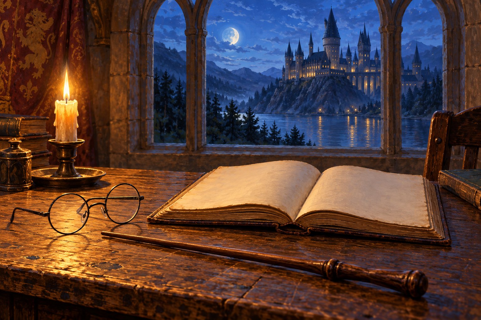 Painterly illustration of round spectacles, a wand, and an open book on a candlelit desk overlooking a lakeside castle.