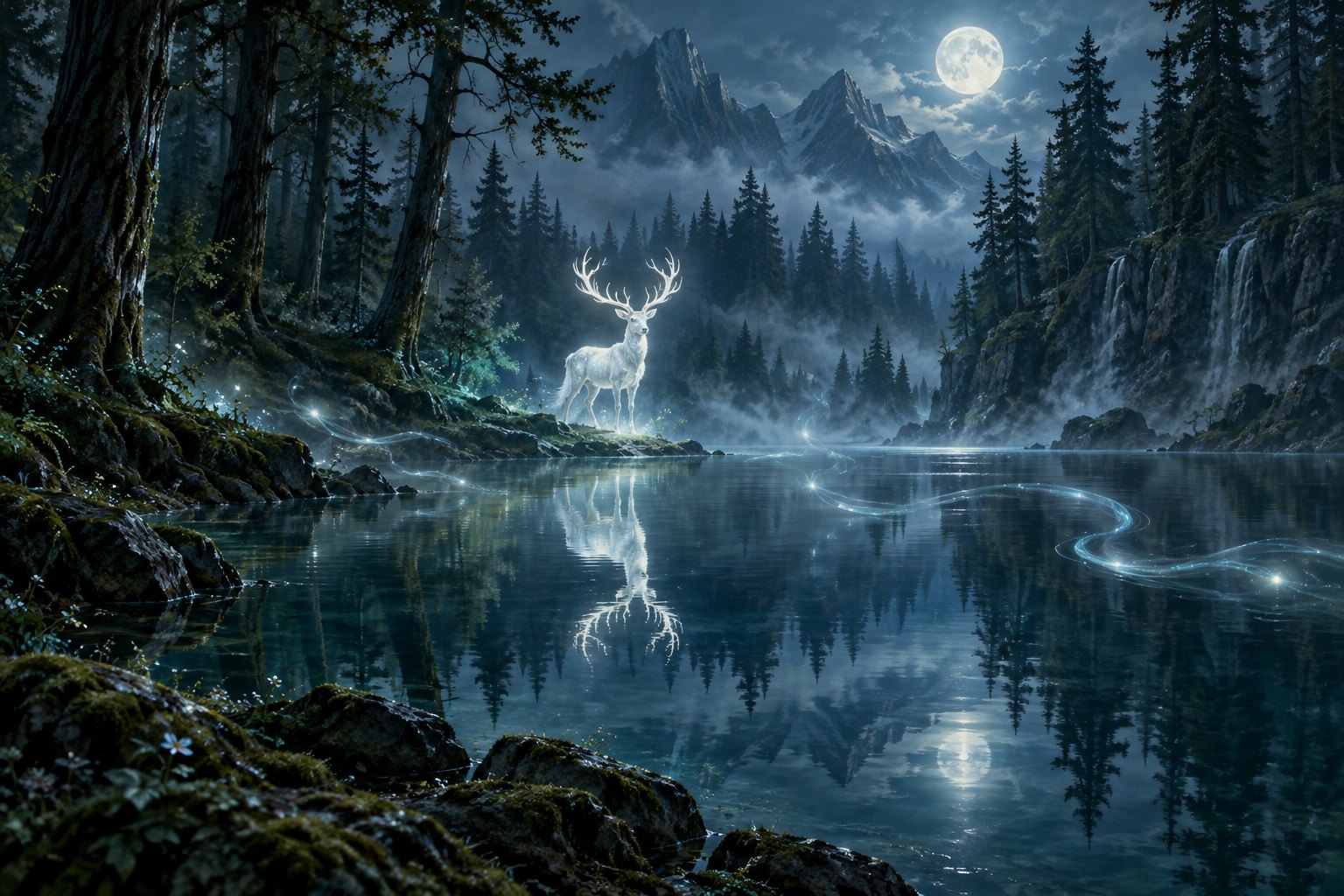 Painterly illustration of a luminous silver stag reflected in a moonlit forest lake.