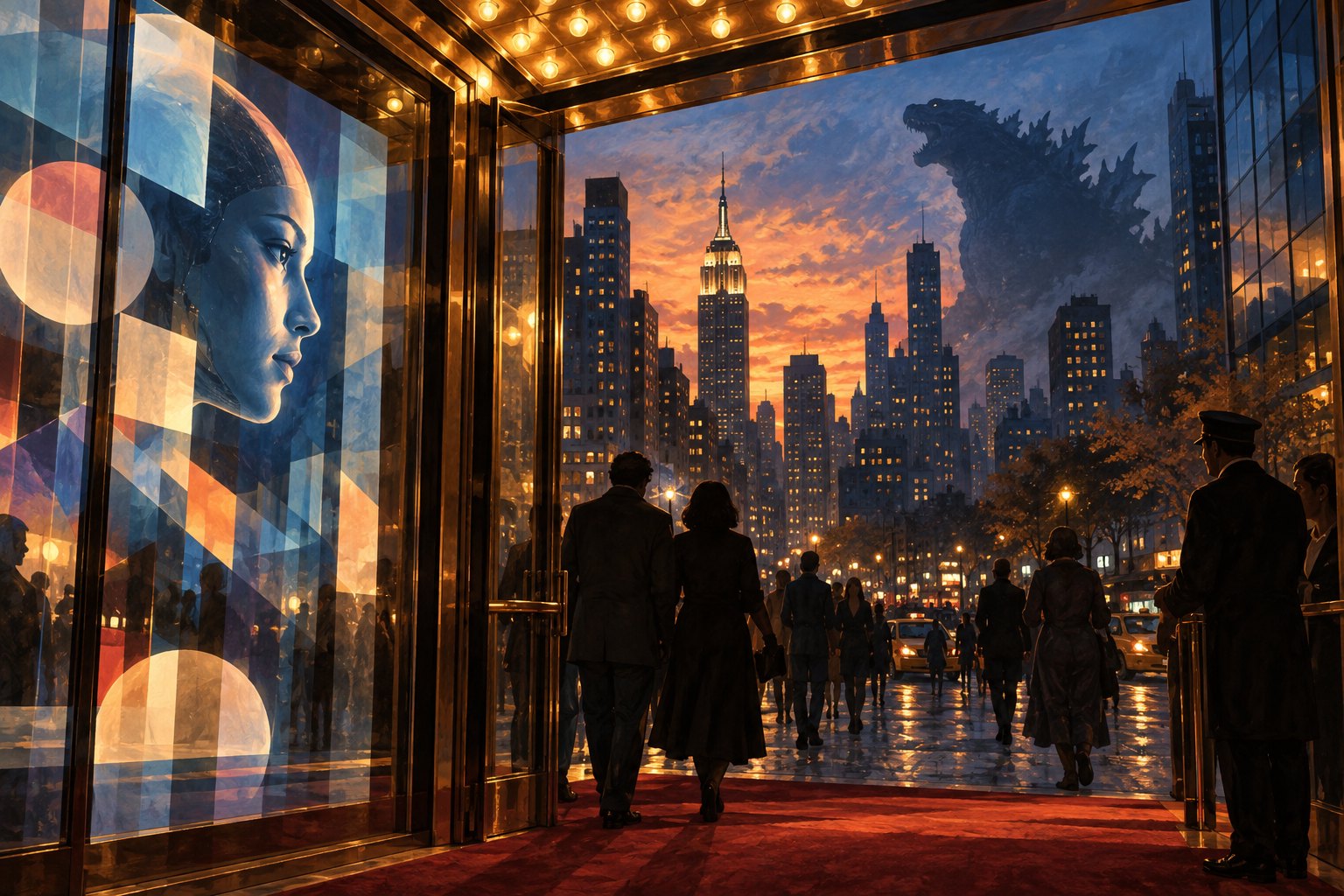Conceptual illustration of a Manhattan cinema entrance at dusk, with geometric glass reflections and a giant reptilian silhouette above the skyline.