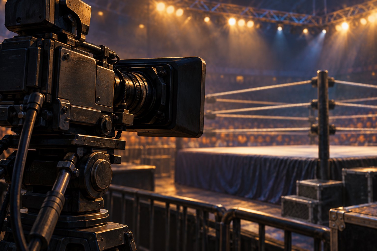 Editorial illustration of a television camera aimed toward a softly blurred wrestling ring.