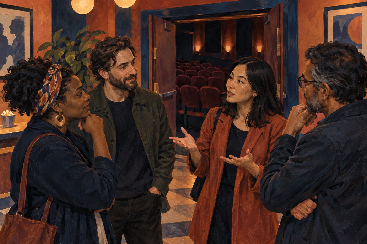 Painterly illustration of four adults discussing a movie in a warmly lit cinema lobby.
