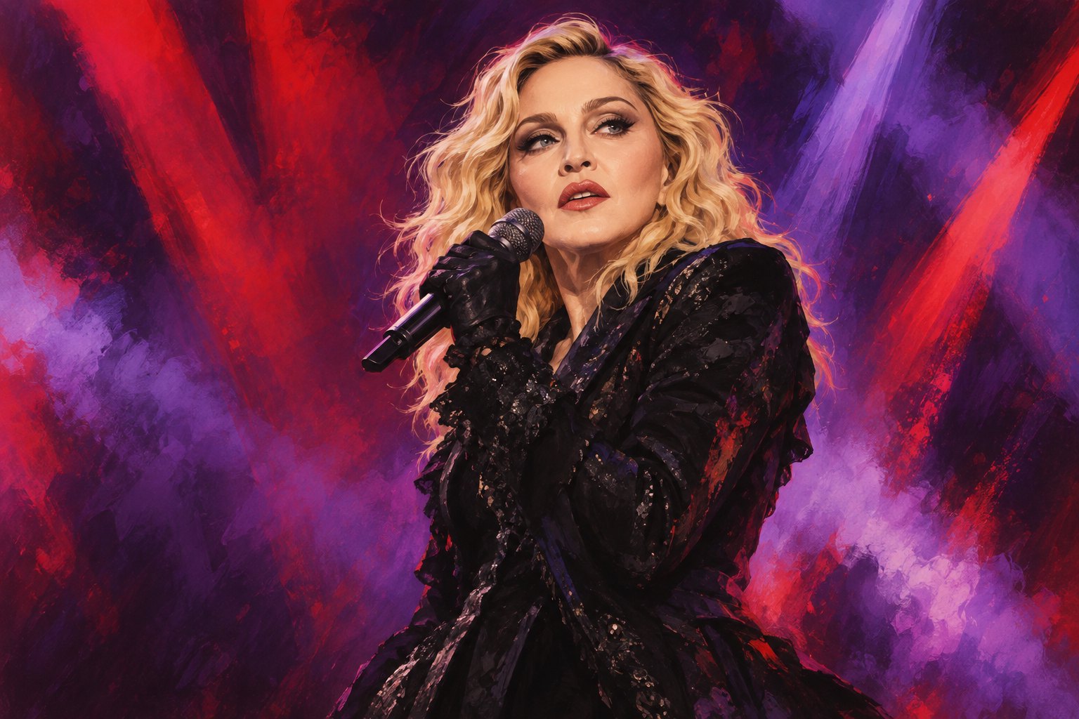 Editorial illustration of Madonna holding a microphone against abstract crimson and violet stage lighting.