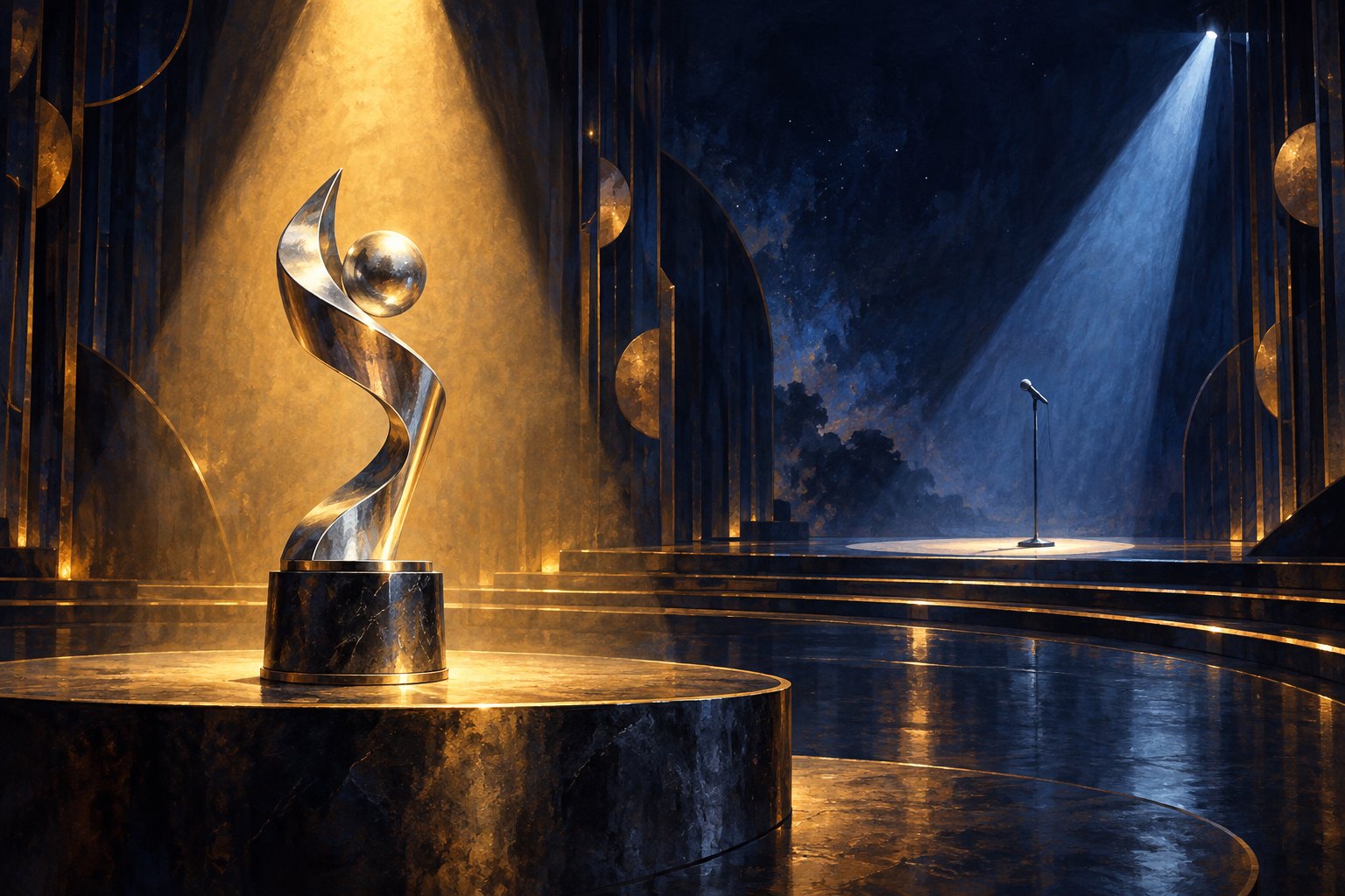 Conceptual illustration of a silver trophy under an amber spotlight and an empty microphone under blue stage lighting.