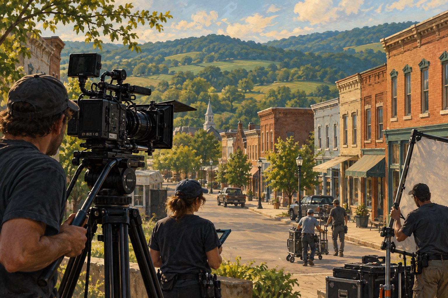 Editorial illustration of a cinema camera and film crew on a Kentucky-inspired small-town street with green hills beyond.