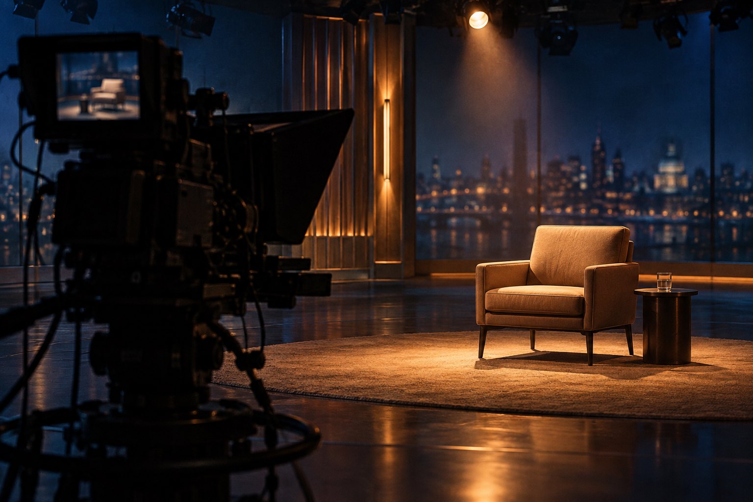 Editorial illustration of a broadcast camera facing an empty armchair under warm television studio lights.