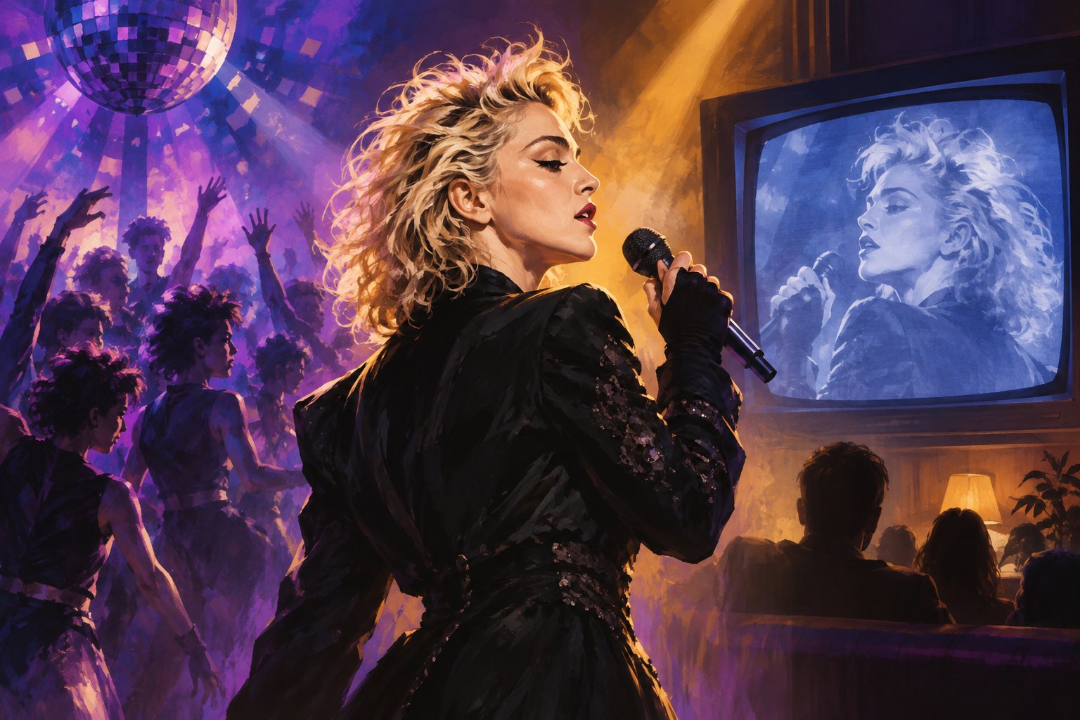 Conceptual illustration of Madonna holding a microphone against violet and amber stage lighting.