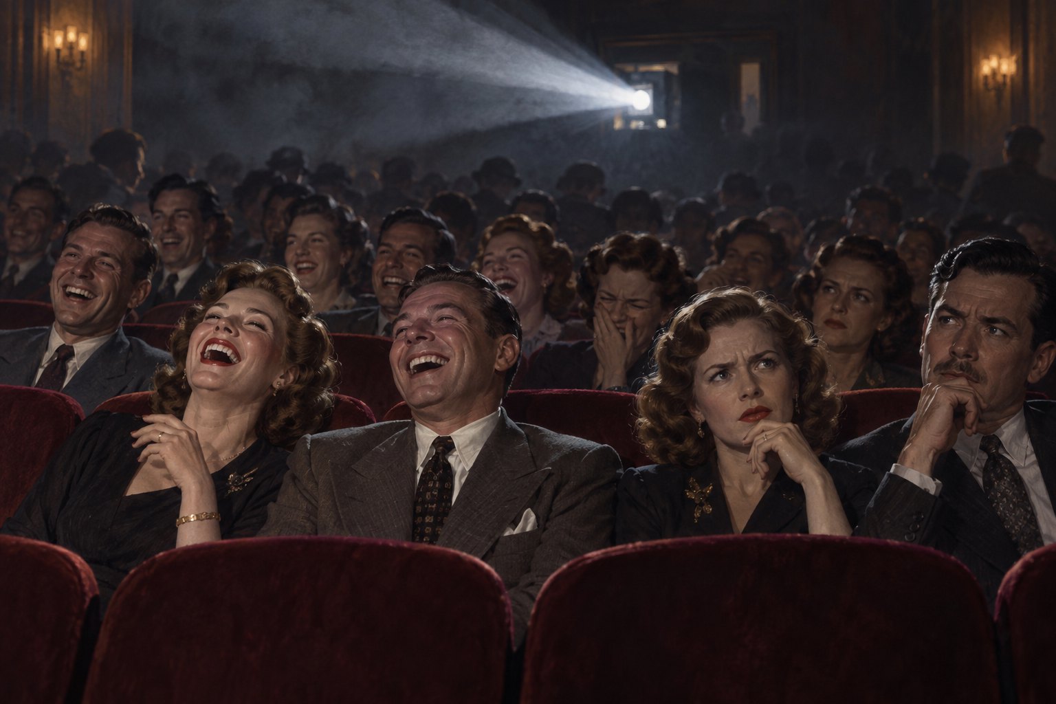 Illustration of a midcentury movie audience laughing and looking puzzled beneath a projector beam in a dark theater.