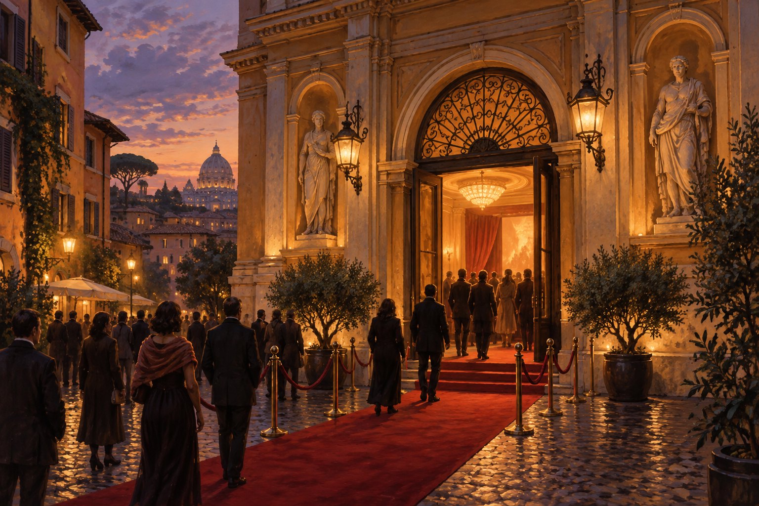Conceptual illustration of audiences approaching a warmly lit Roman cinema along a red carpet at twilight.