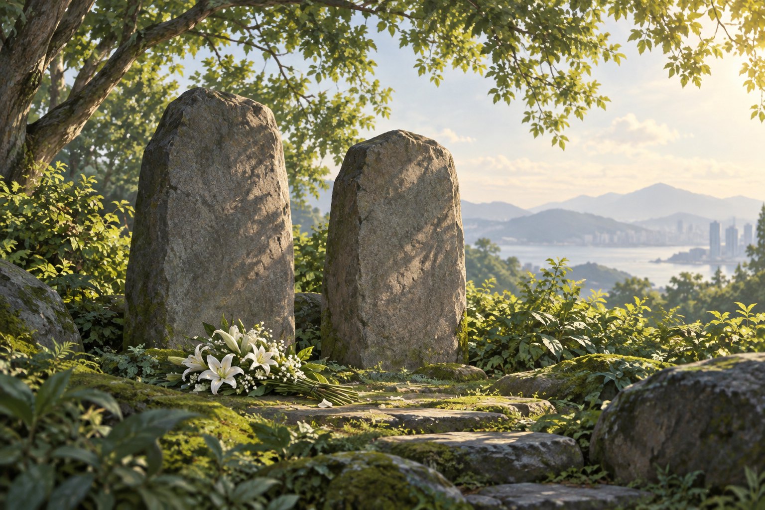 樹蔭下兩座無字石碑相依，前方擺放白花的追思概念插畫，非實際墓園樣貌