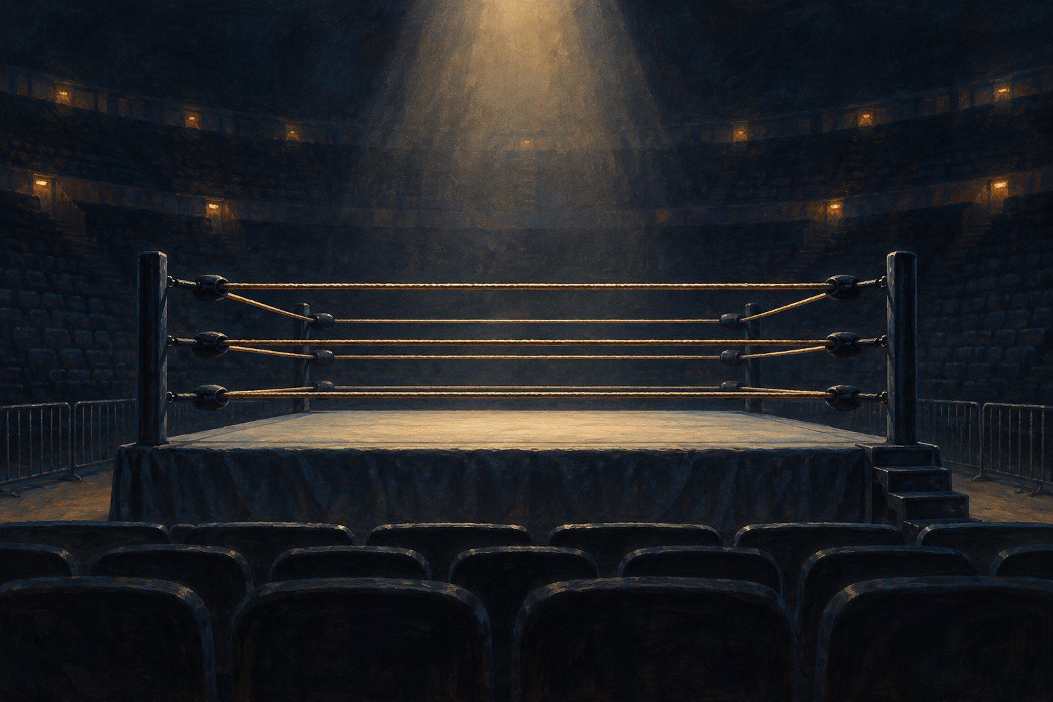 Painterly illustration of an empty wrestling ring illuminated by a warm spotlight in a dark arena.