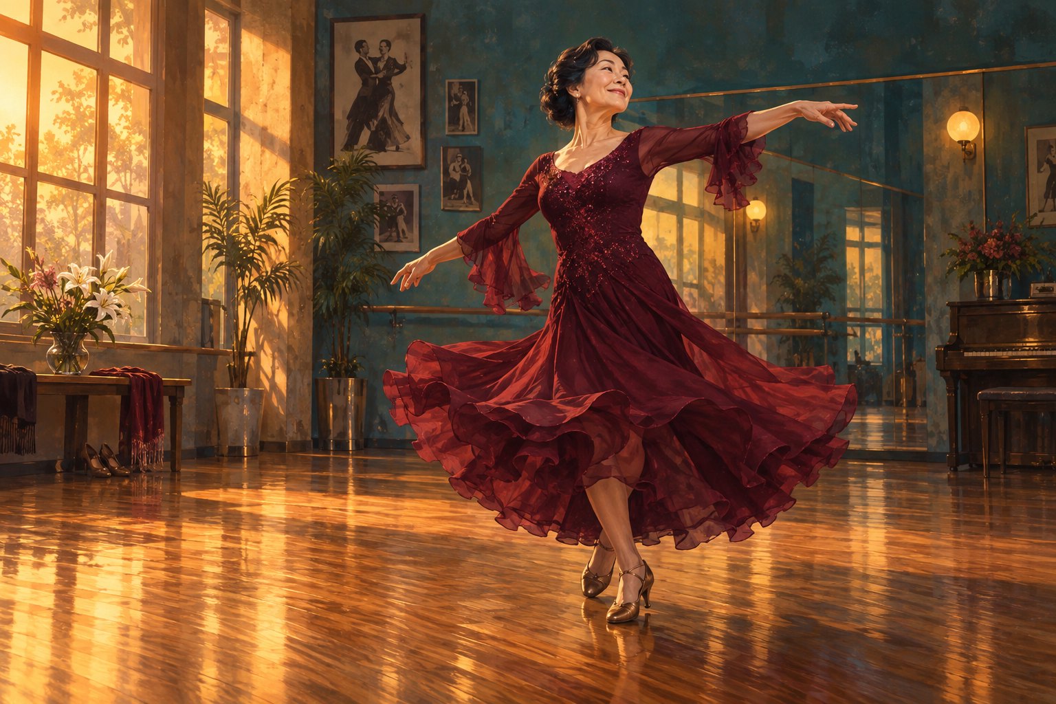 Painterly editorial illustration of a mature woman in a burgundy dress dancing alone in a warmly lit ballroom studio.