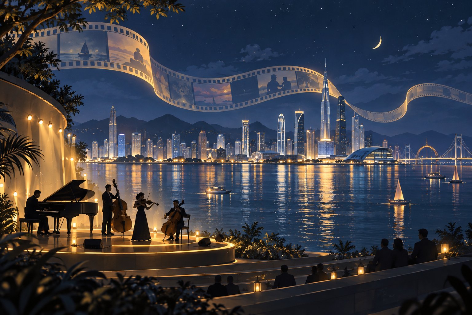 海湾夜色、音乐演奏剪影与胶片曲线交织的概念插画,非晚会现场