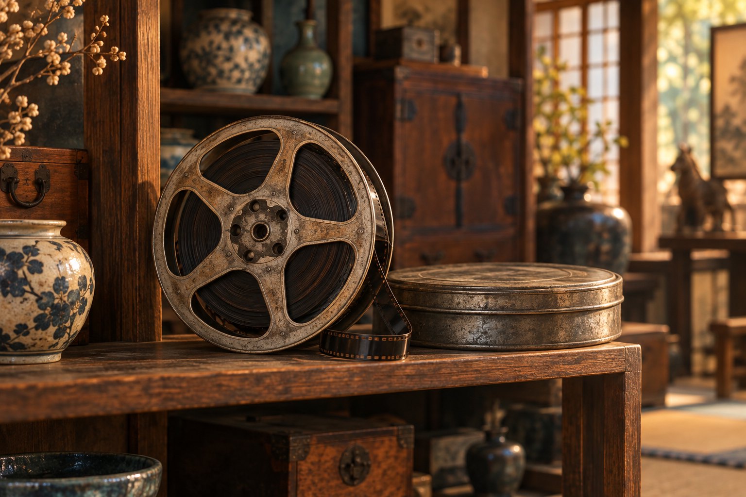 Conceptual illustration of an old film reel and metal can on a wooden shelf in a Japanese antique shop.