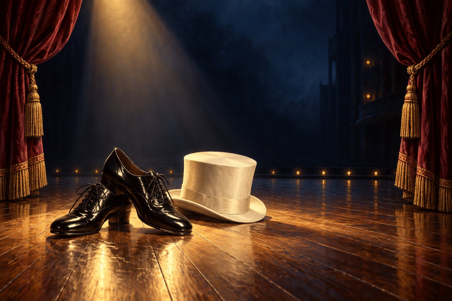 Painterly illustration of black dance shoes and an ivory top hat under a spotlight on a wooden theater stage.