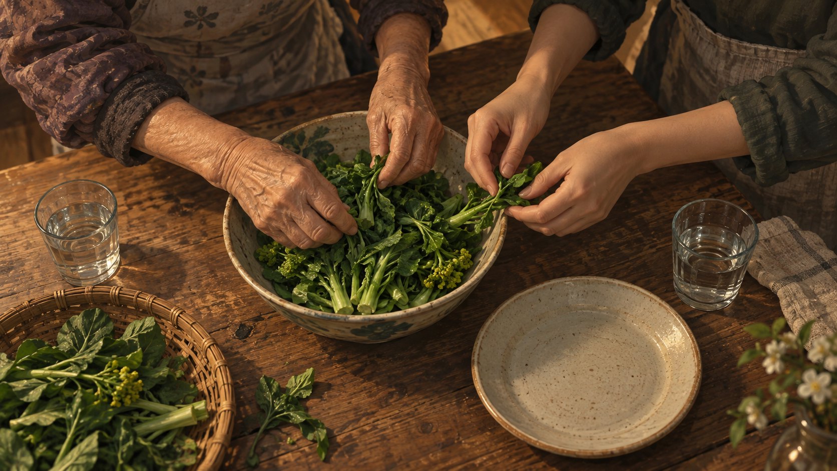 概念插畫:年長者與另一名成人在木桌旁共同整理青菜,以日常合作呈現陪伴,非電影劇照