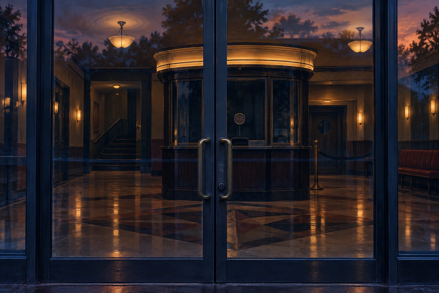 Conceptual illustration of a quiet movie theater foyer and ticket booth behind closed glass doors at dusk.
