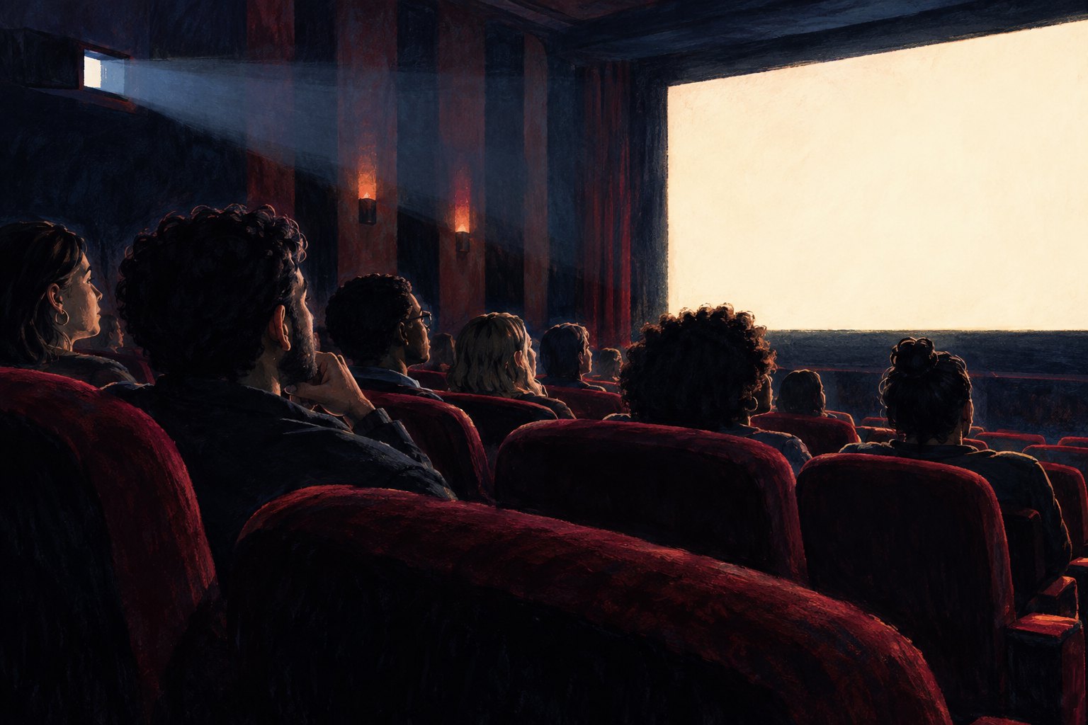 Conceptual illustration of moviegoers seated in burgundy chairs facing a luminous blank screen in a fictional auditorium.