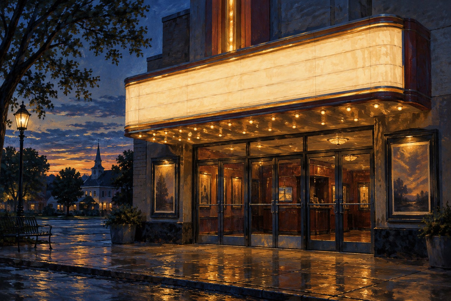 Conceptual illustration of a fictional neighborhood cinema with closed glass doors and a glowing blank marquee at dusk.