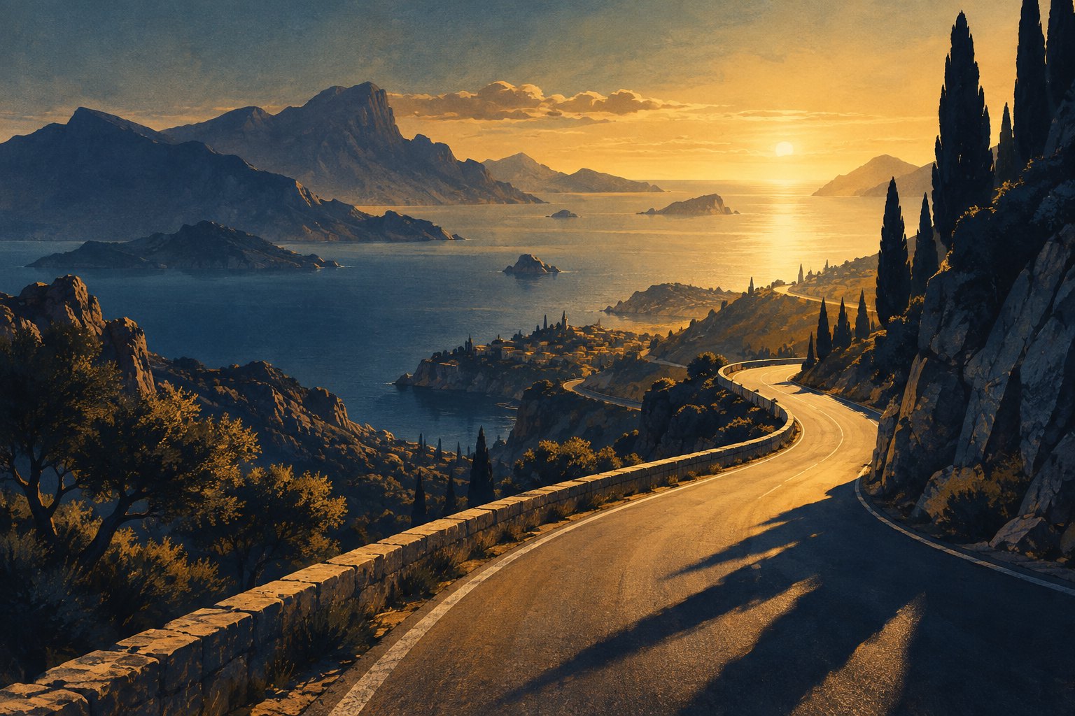 Conceptual illustration of a winding coastal road overlooking golden water, with deep blue shadows crossing the foreground.