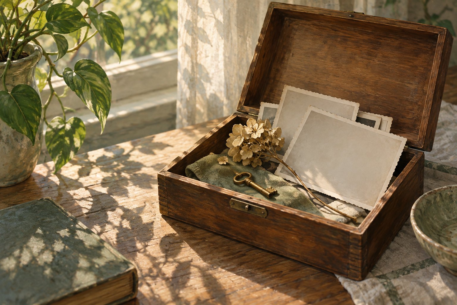 Conceptual illustration of a wooden keepsake box holding photographs, dried flowers, and a brass key beside a sunlit plant.