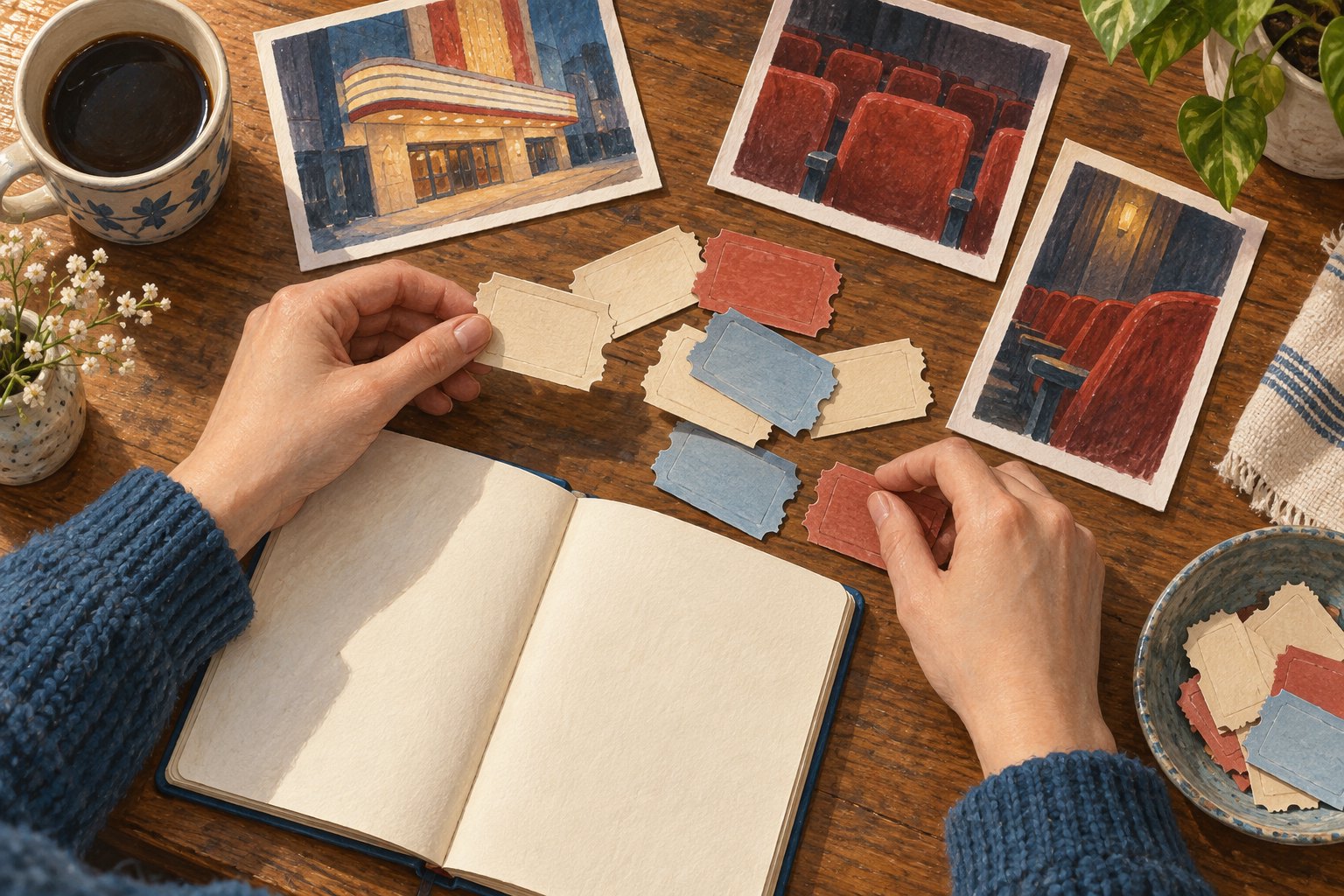 Conceptual illustration of hands arranging blank ticket stubs beside a notebook and paintings of a cinema and red auditorium seats.