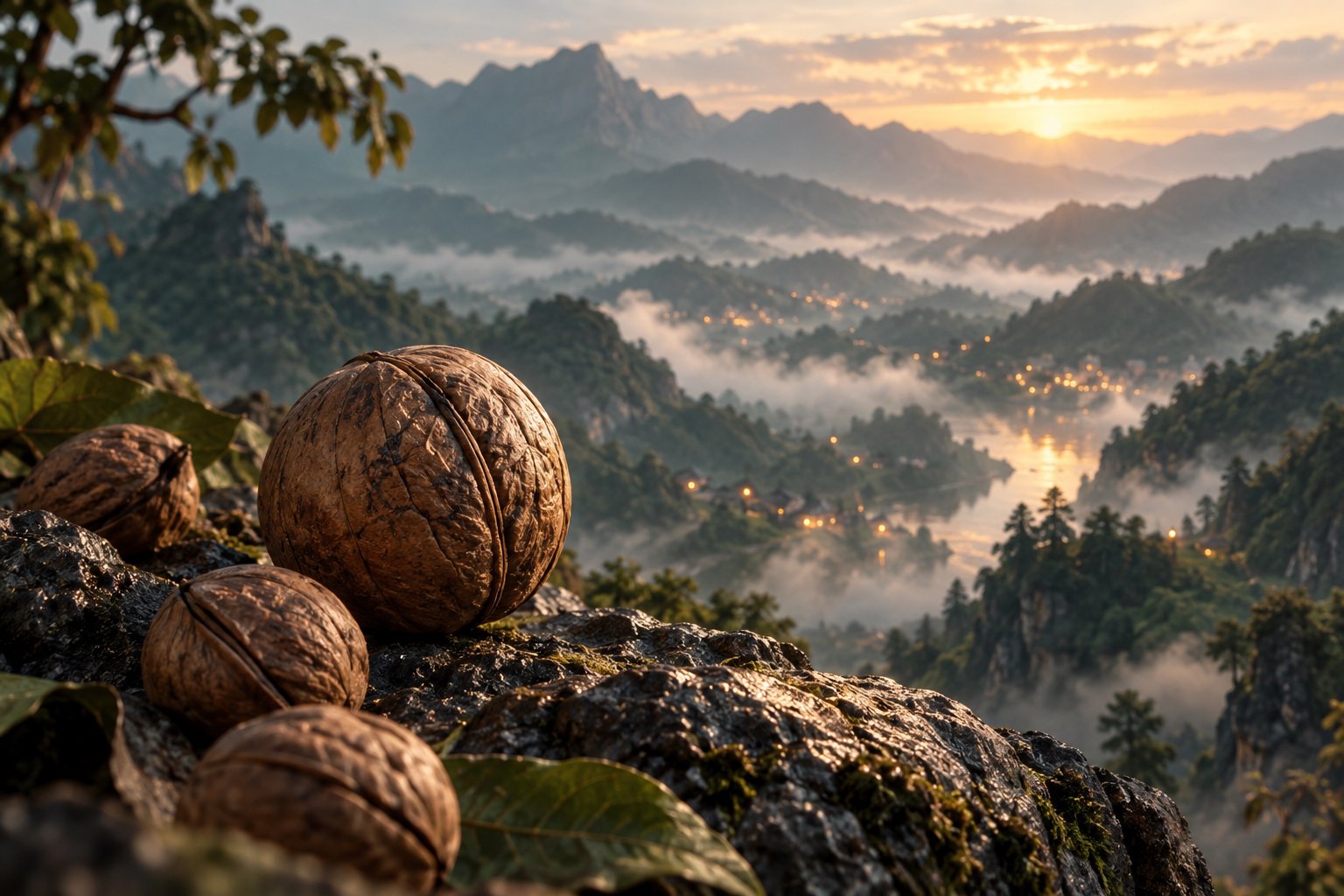 山核桃置于岩石前景，远处山峦与薄雾交叠的原创概念插画，非影片剧照