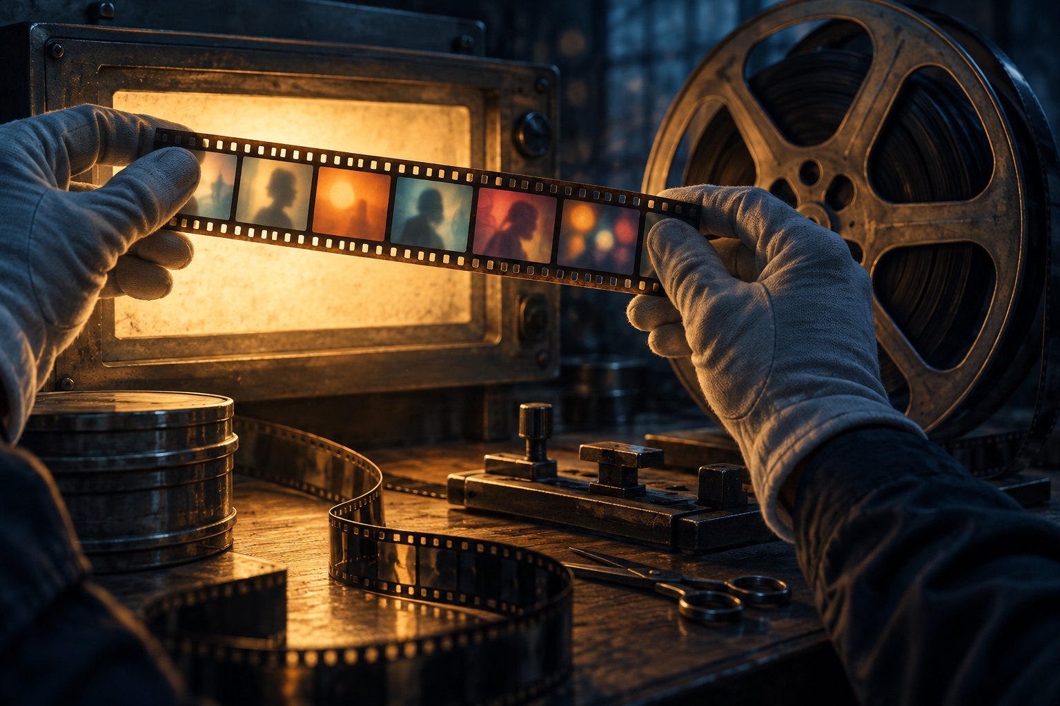 Conceptual illustration of gloved hands examining a short filmstrip beside a full reel on an illuminated editing bench.
