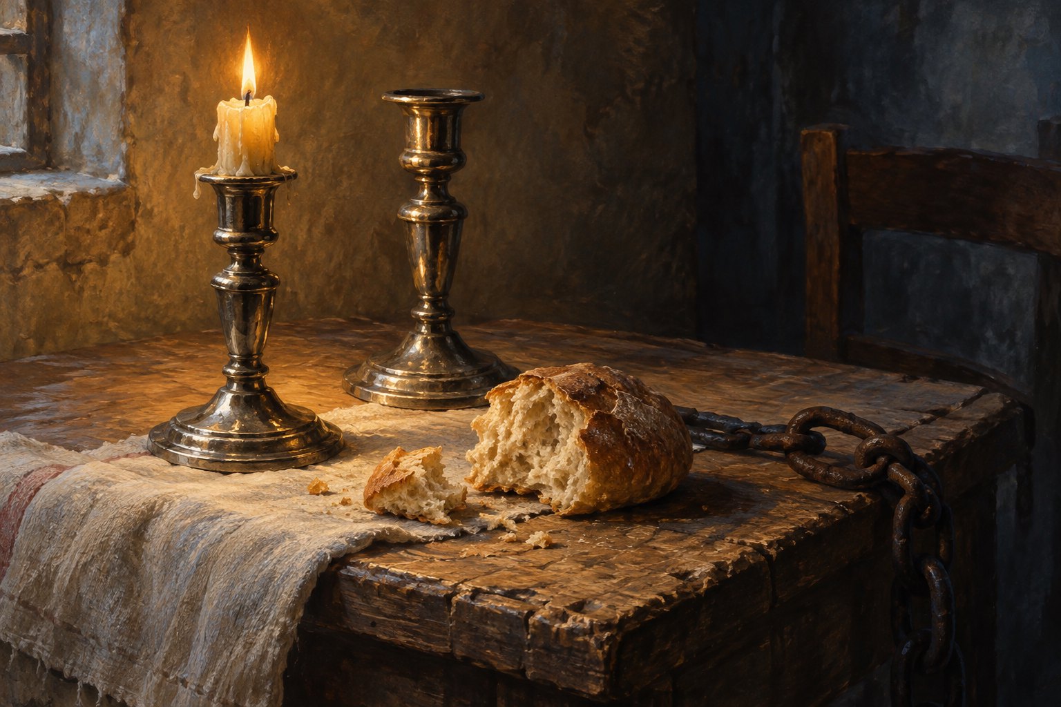 Painterly still life of two silver candlesticks, rustic bread, and an iron chain on a worn wooden table.