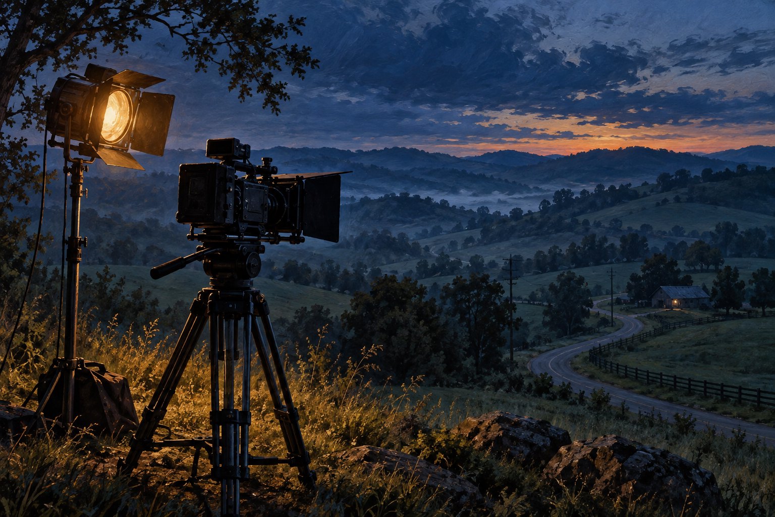 Concept illustration of a movie camera and production light overlooking rolling hills and a winding road at dusk.