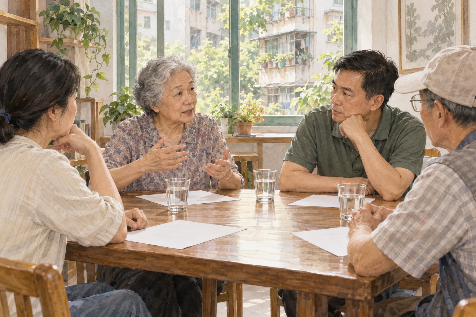 四位街坊围坐木桌交流，银发女性讲述自己的想法，其余人认真倾听，邻里沟通主题插画