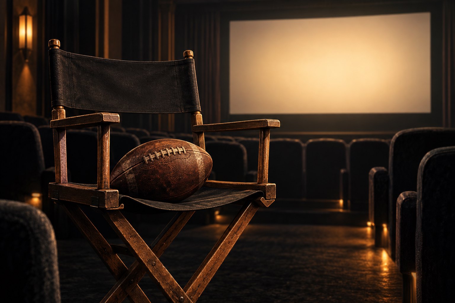 Conceptual illustration of a football resting on a director’s chair before a glowing blank cinema screen.