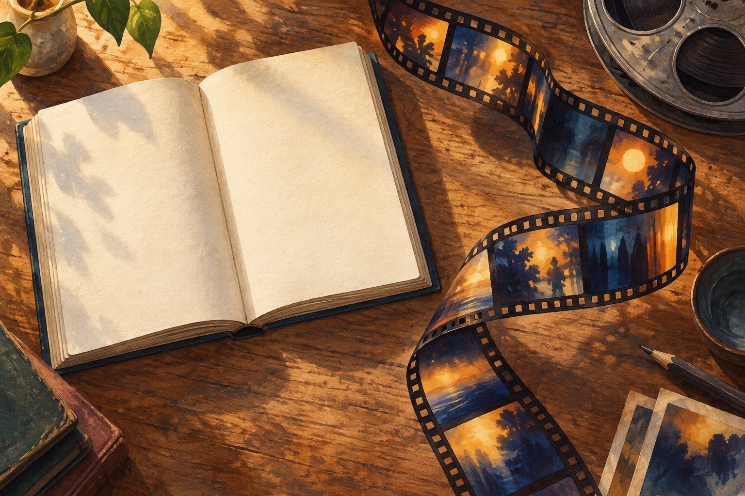 An open blank book and a curling strip of film lie on a sunlit wooden desk.
