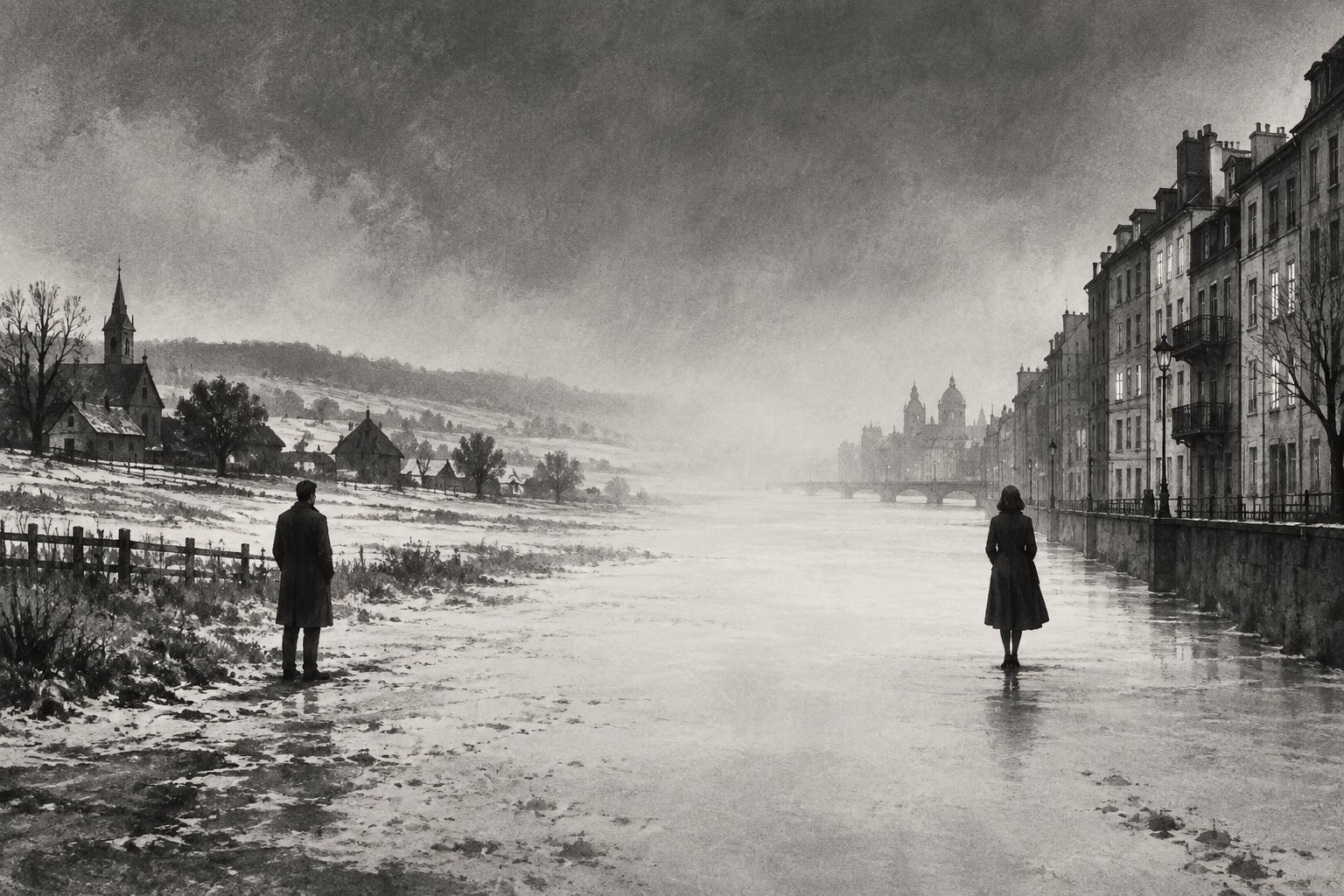 Monochrome conceptual illustration of two distant figures separated by pale ground between rural fields and European buildings.