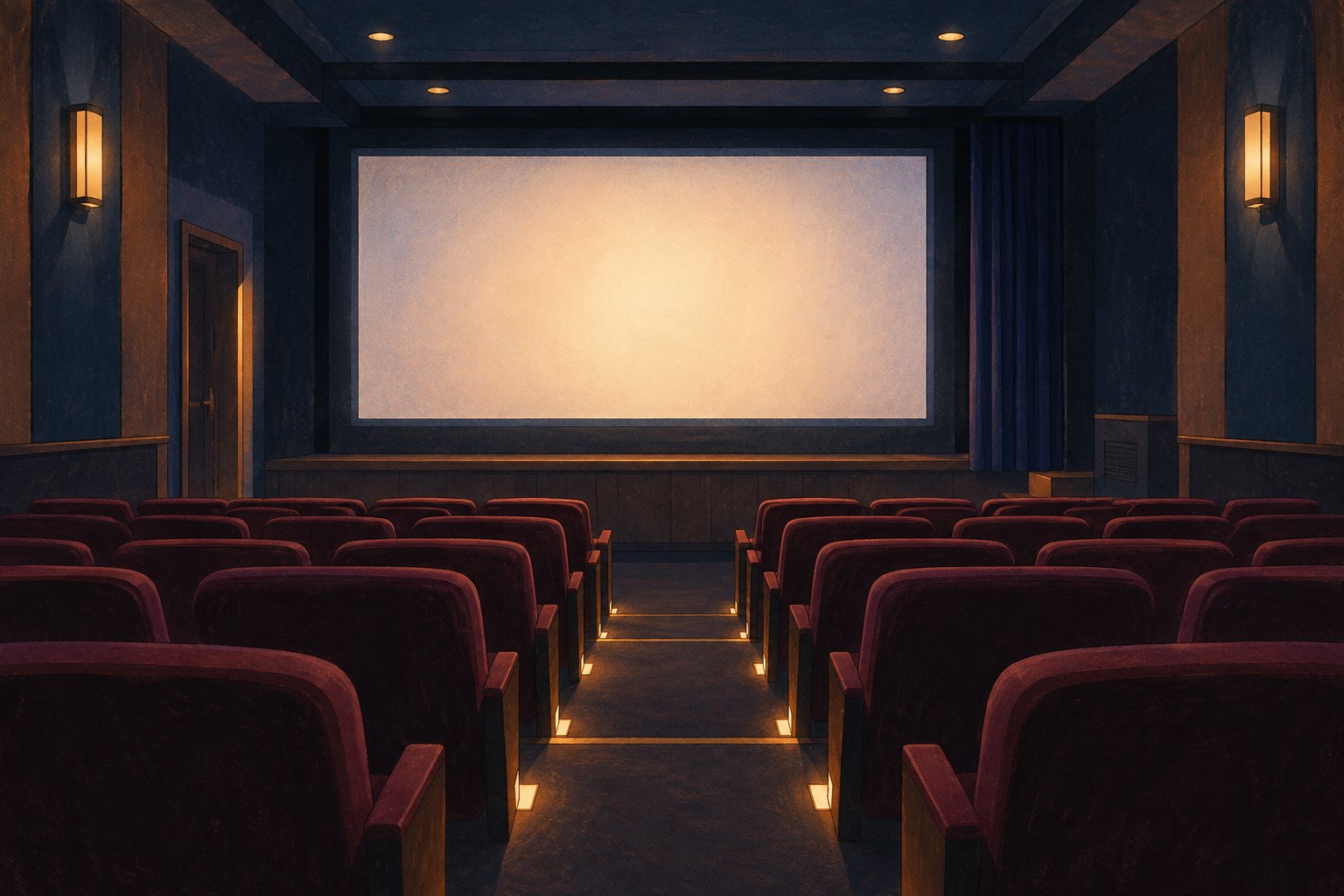 Conceptual illustration of an empty screening room with burgundy seats, warm aisle lights, and a blank cinema screen.