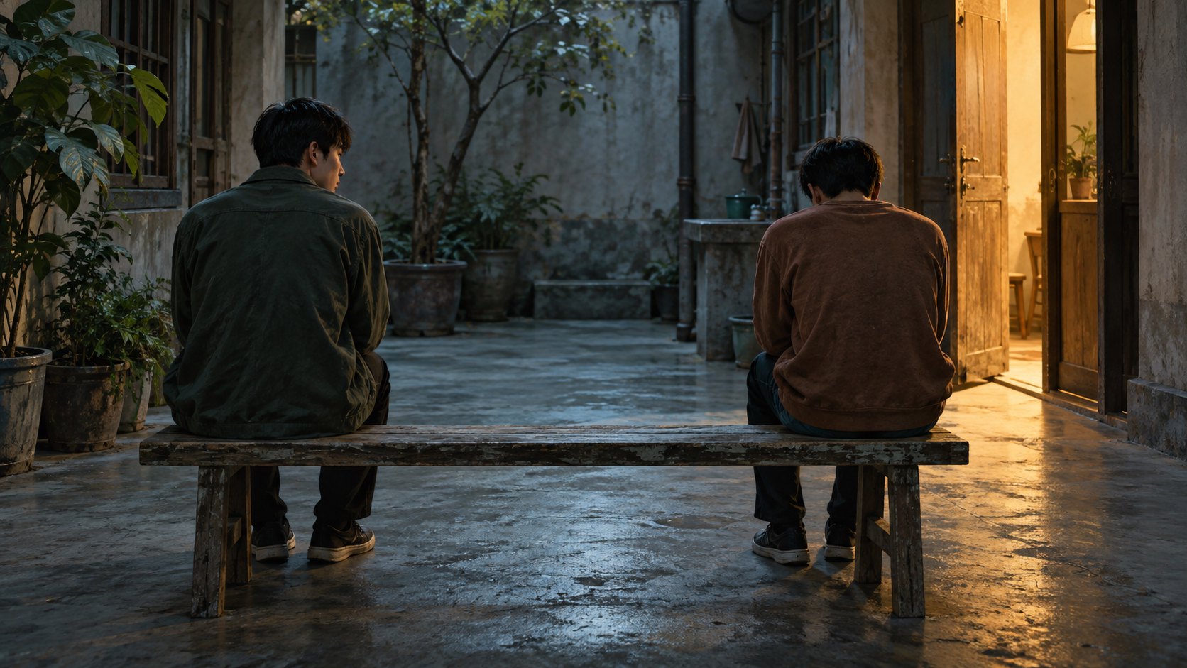 兩名青年分坐狹窄庭院長椅兩端,門內暖光映照彼此的距離,為人際孤立主題概念插畫,非電影劇照