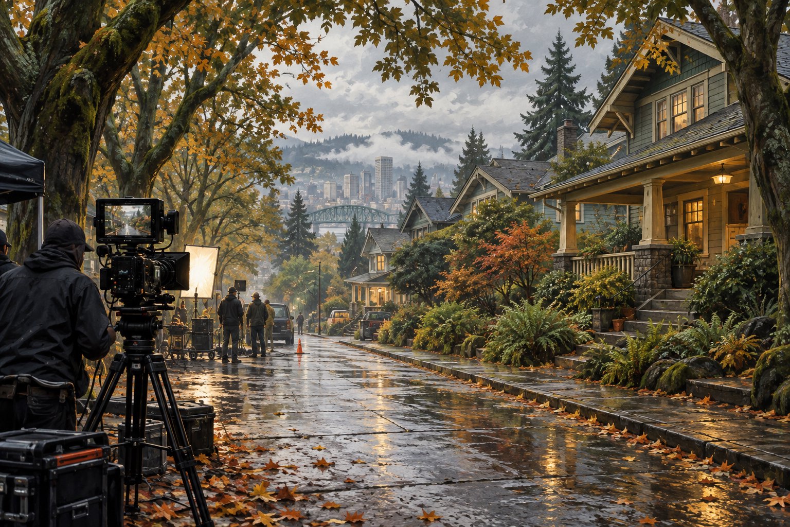 Conceptual illustration of a film camera and distant crew on a leafy Portland-style residential street.