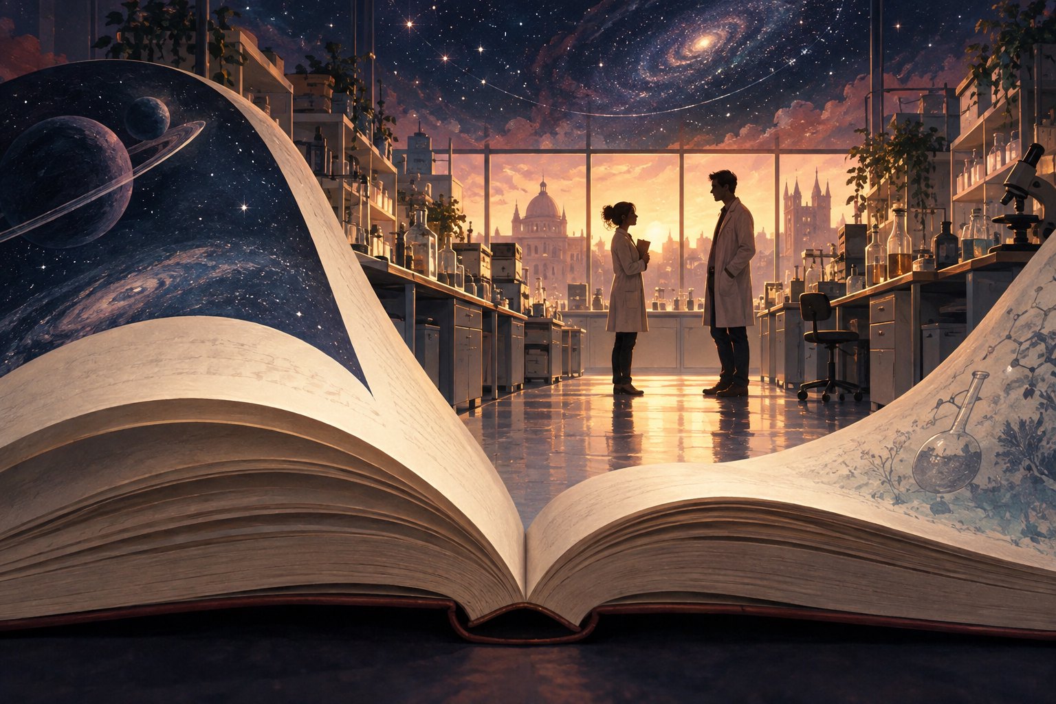 Conceptual illustration of an open book unfolding into a glowing laboratory where two researchers face each other beneath a star-filled sky.