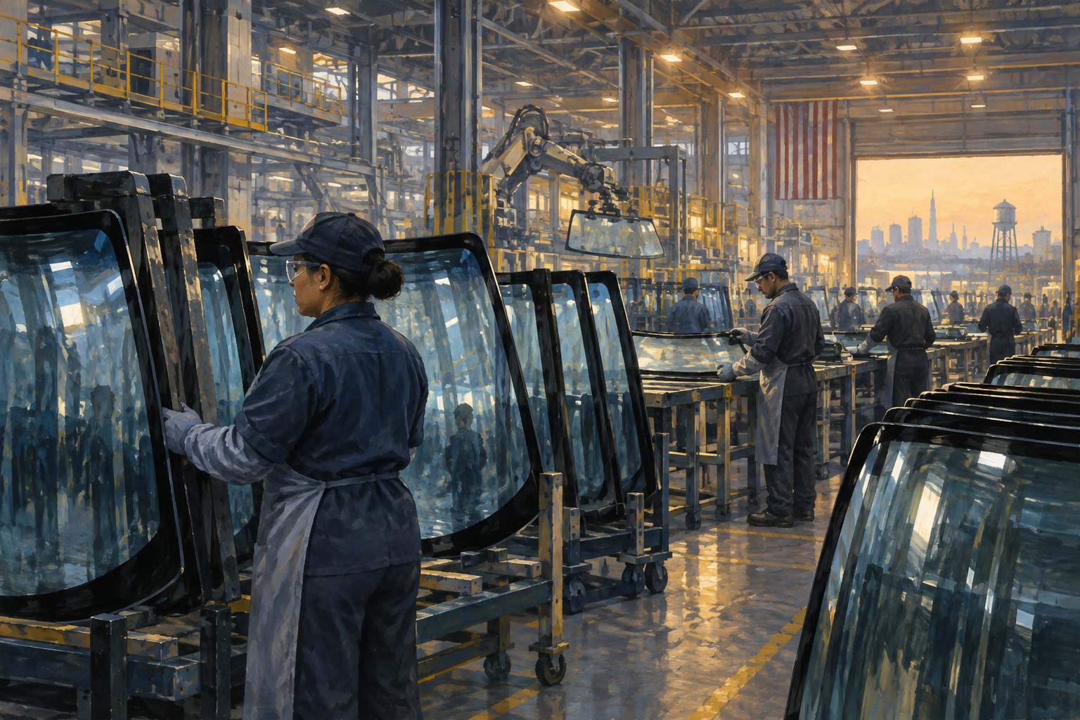 Painterly editorial illustration of workers beside windshield racks in a vast automotive glass factory.