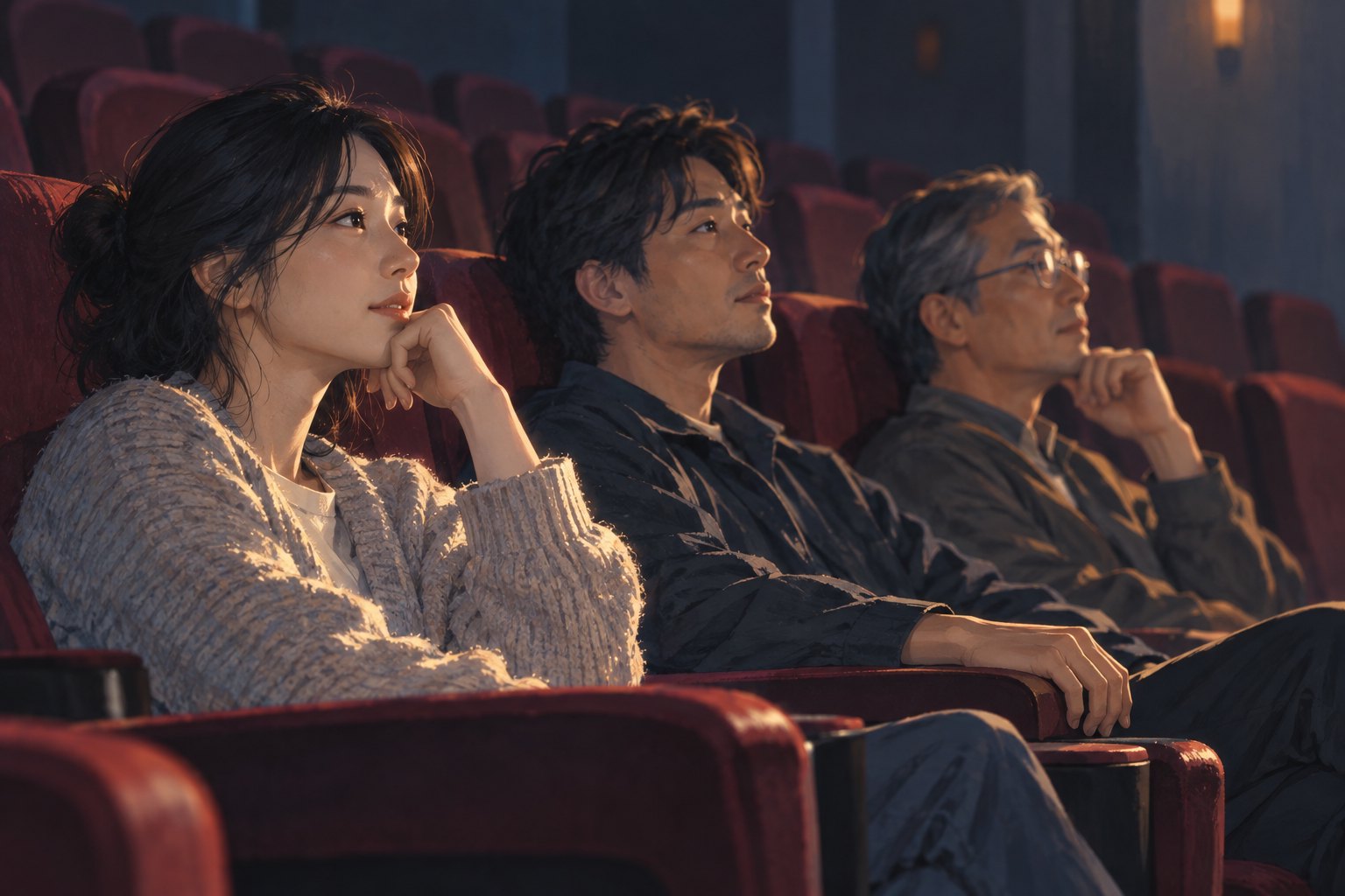 原创插画:不同年龄的观众坐在影院里,银幕光映亮专注而沉思的面庞