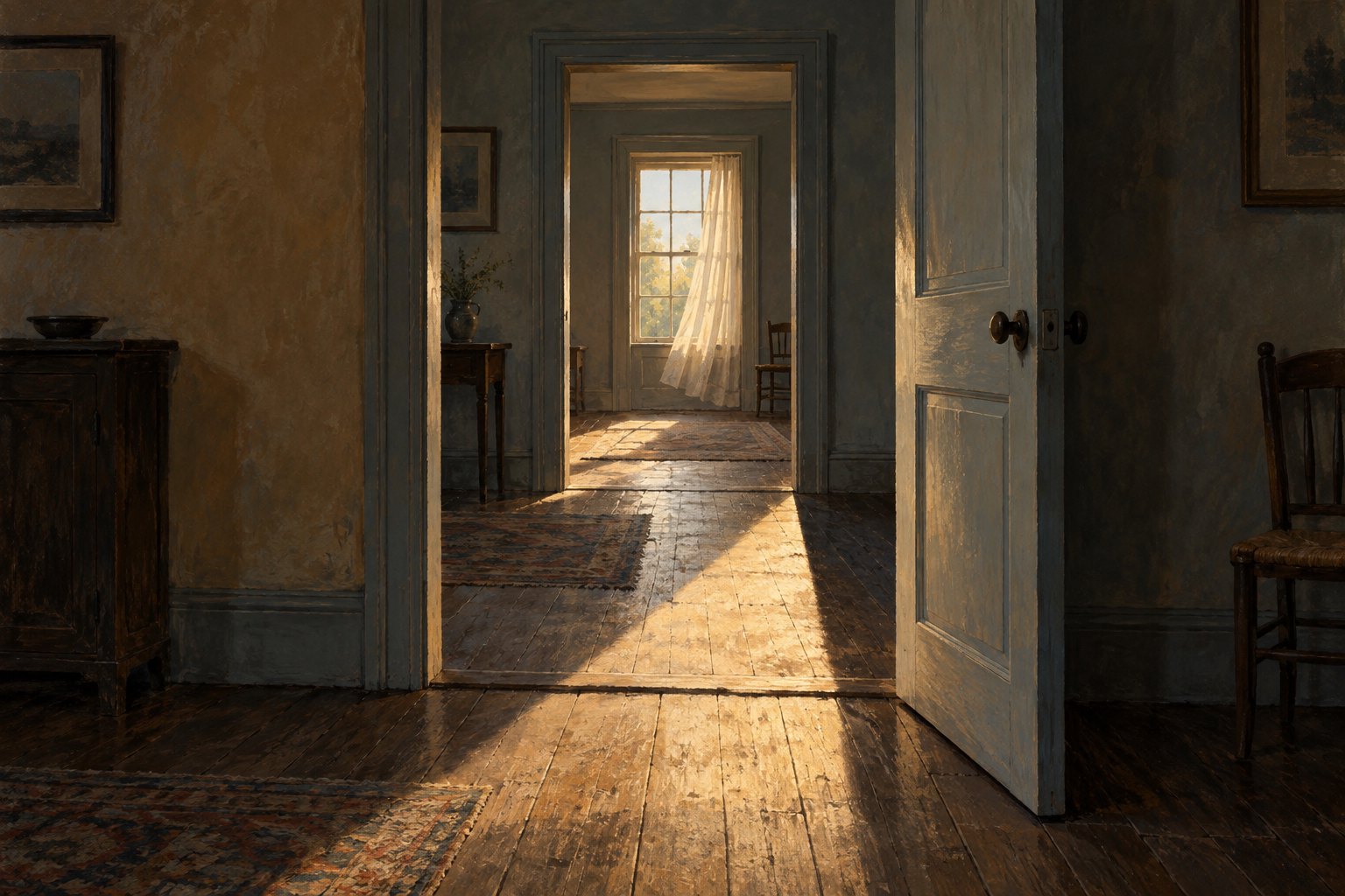 Concept illustration of aligned doorways in an empty house, with sunlight and shadows stretching across wooden floors.