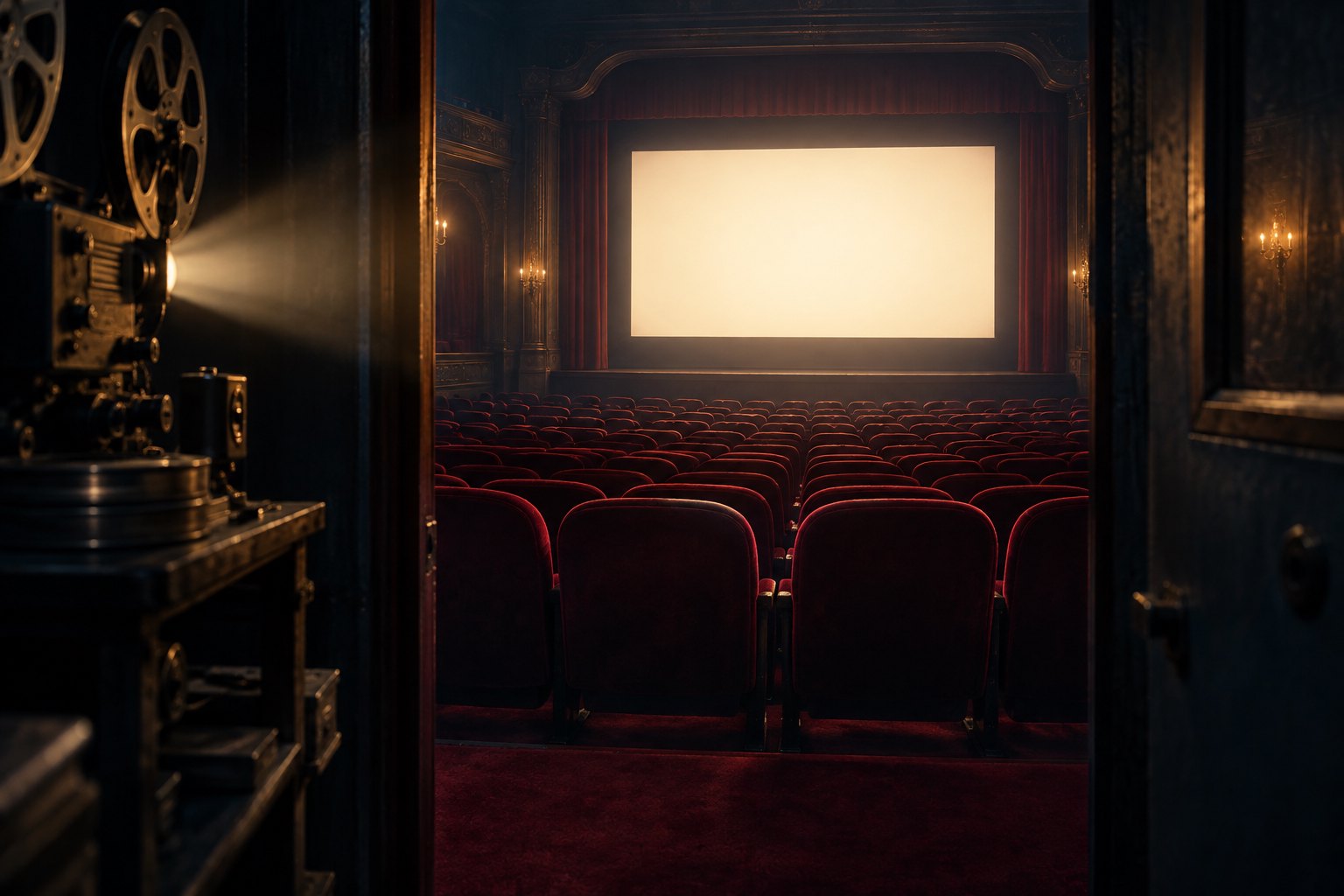 Conceptual illustration of a glowing blank cinema screen and burgundy seats viewed from a dark projection booth.