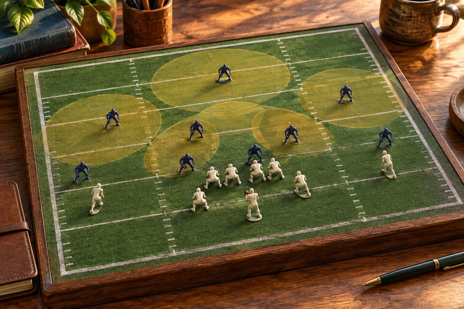 Conceptual illustration of miniature football players on a tabletop field with translucent areas suggesting defensive coverage.