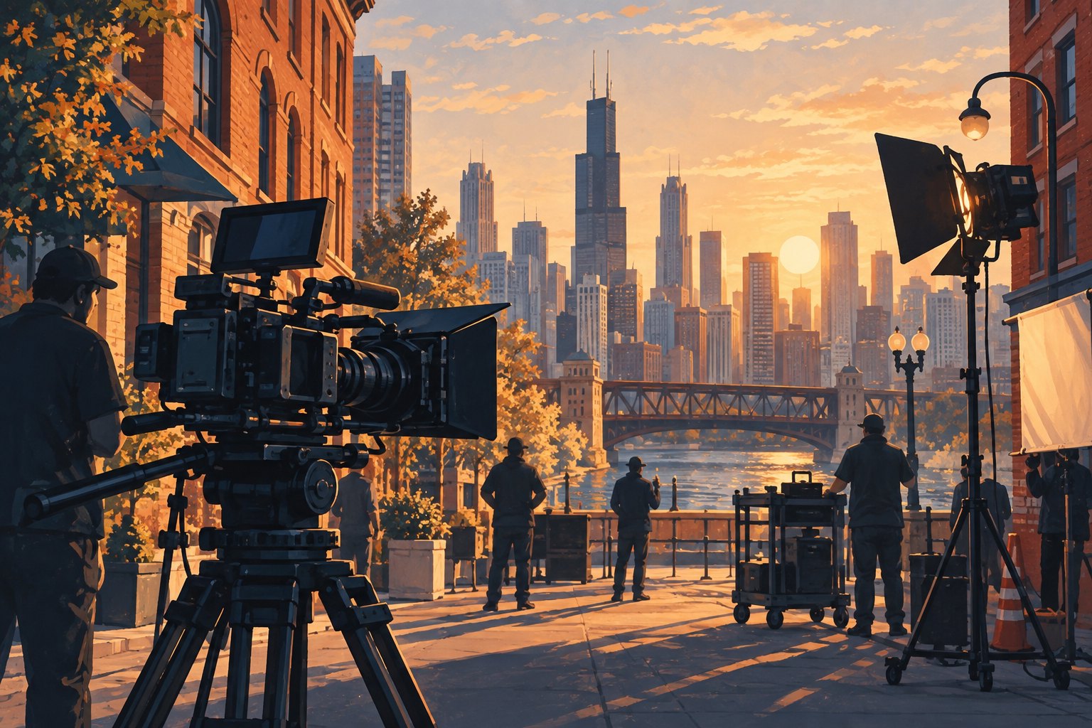 Editorial illustration of a cinema camera, lighting equipment, and film crew beside a Chicago-inspired riverfront at sunset.