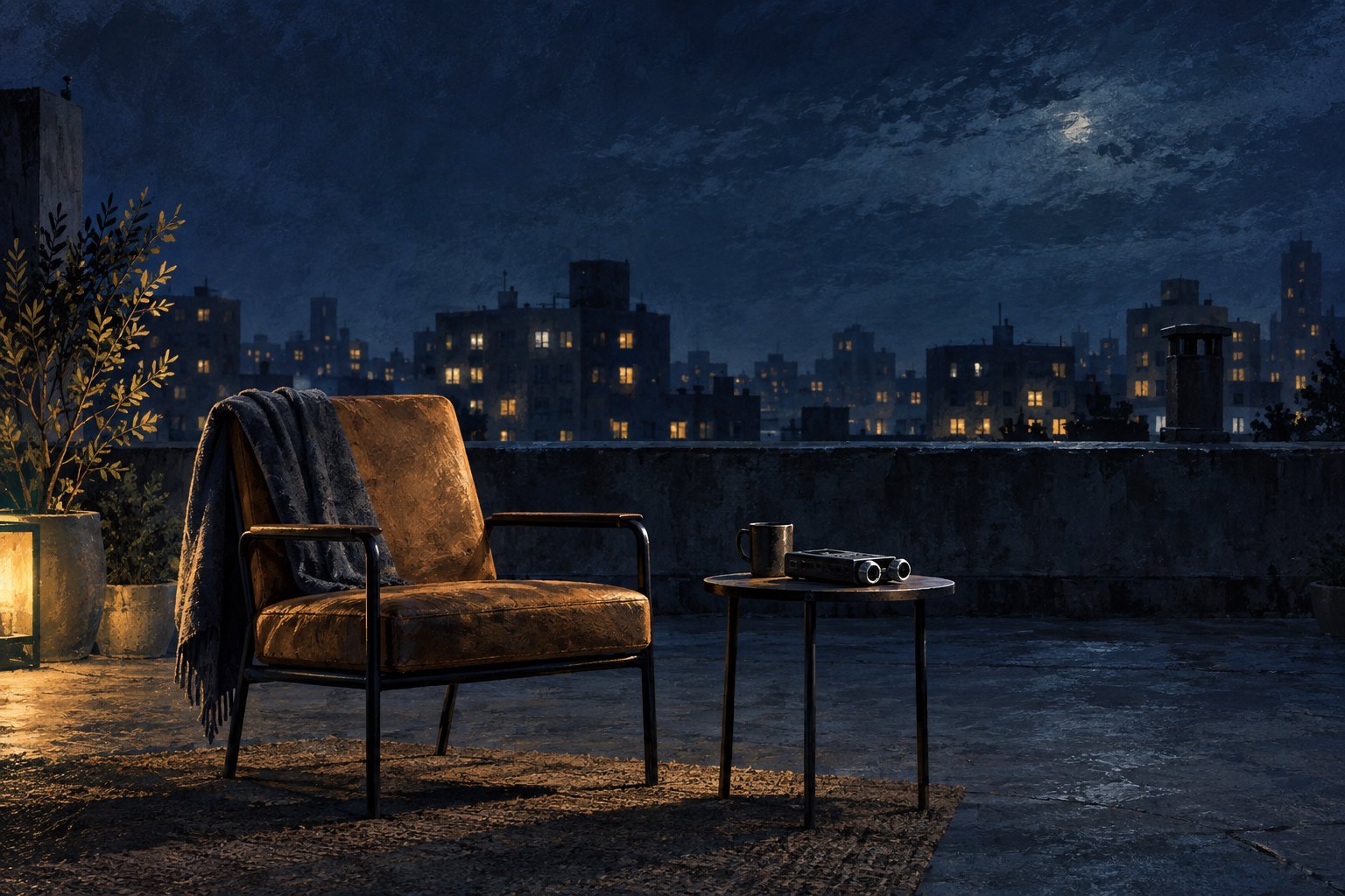 Conceptual illustration of an empty chair and an audio recorder on a quiet city rooftop at night.