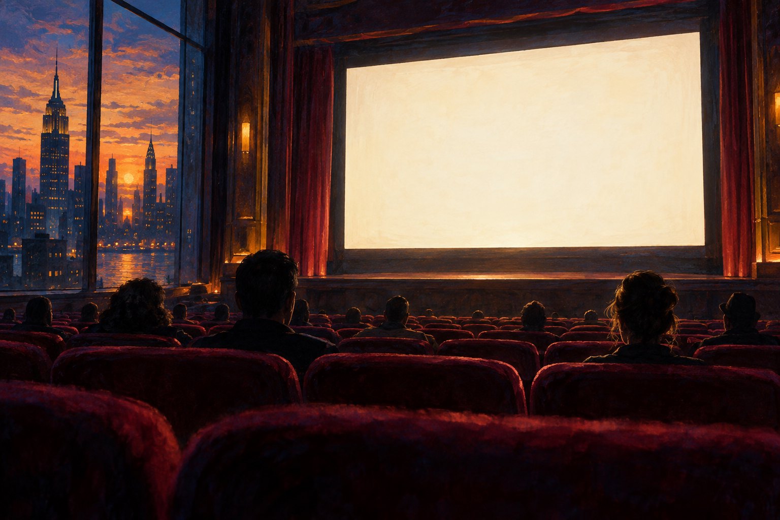 Painterly illustration of a movie theater with burgundy seats, a glowing blank screen, and a New York skyline beyond a side window.