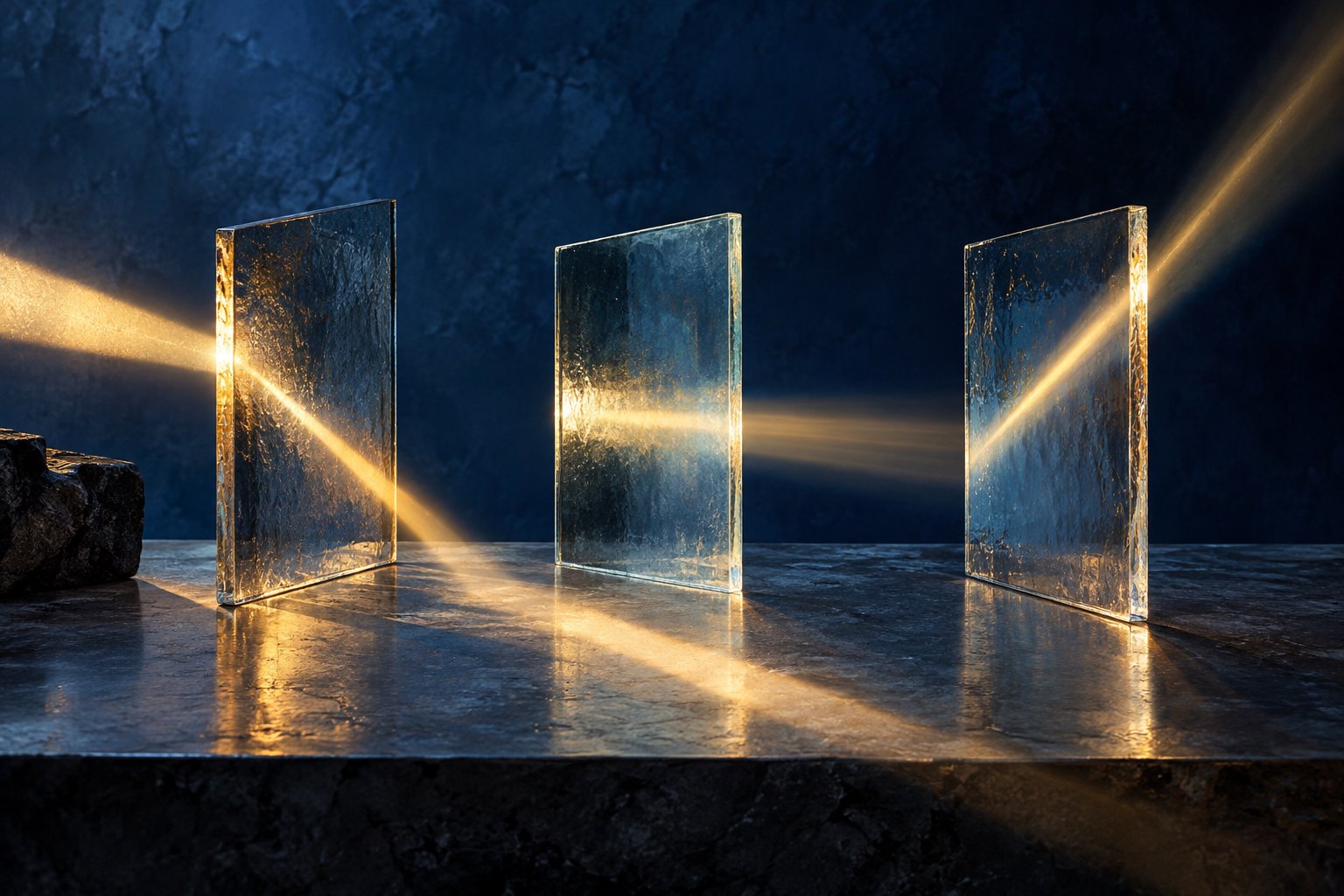 Conceptual illustration of three upright glass panels redirecting golden light across a dark tabletop.